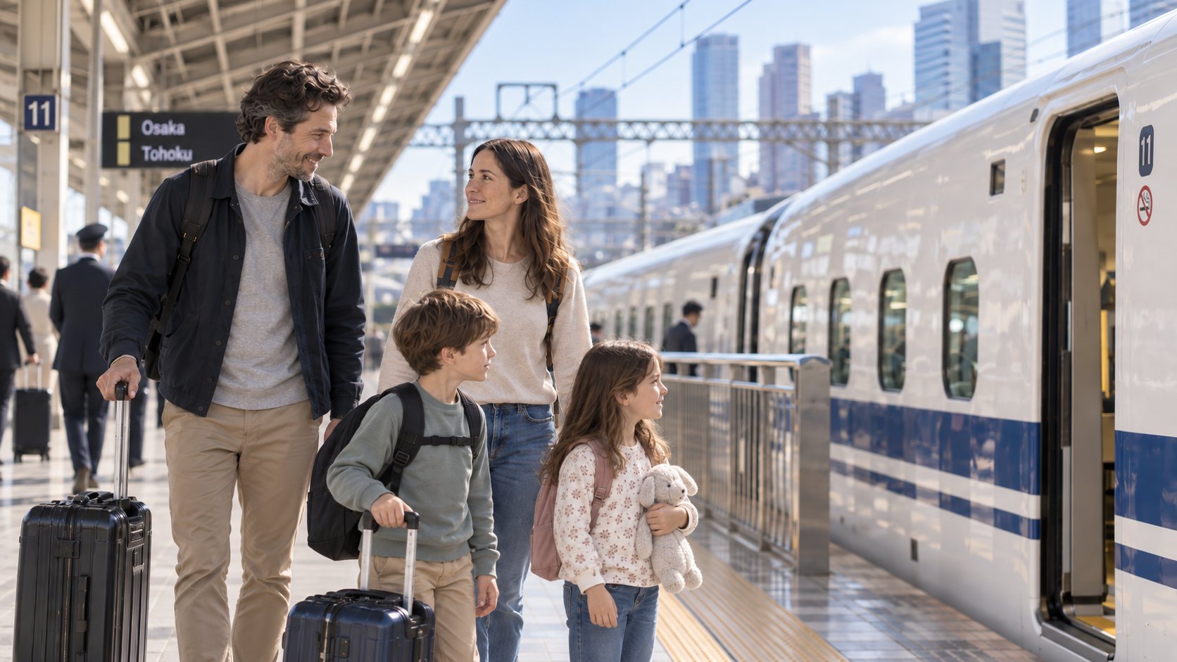 Family with kids on a Shinkansen platform in Japan